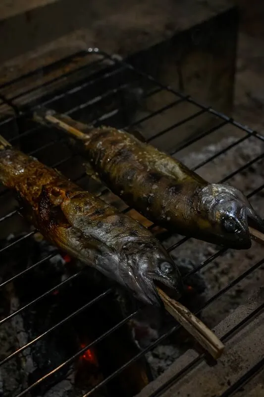 囲炉裏で焼く川魚